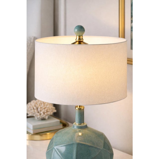 Early 21st Century Coastal Modern Faceted Ceramic Table Lamp in Sea Glass Glaze With Brass Accents For Sale - Image 5 of 7