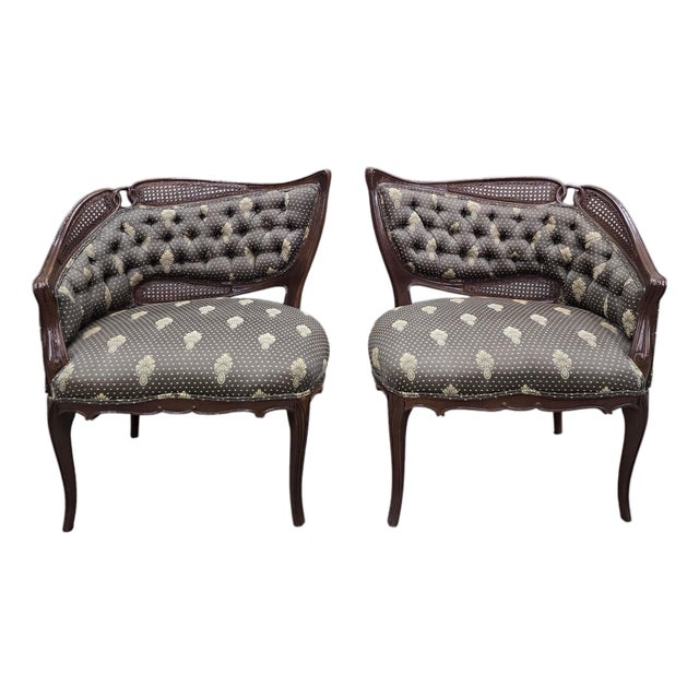 Antique Victorian Rococo Revival Asymmetrical Caned Ladies’ Conversation Chairs - Pair For Sale
