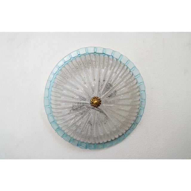 Murano Glass Light. Clear glass light with blue glass trim. Brass finial. Could be a sconce or a flush mount ceiling fixture.