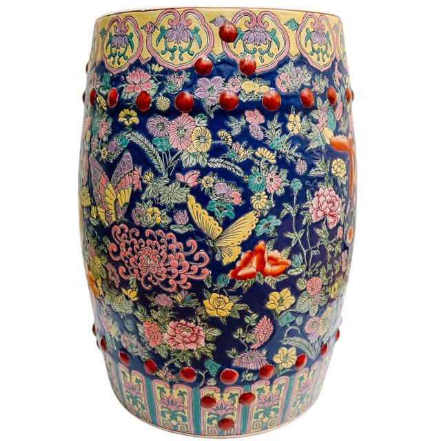 Chinoiserie Mid 20th Century Chinese Famille Rose Cobalt Blue Millefleurs & Butterfly Porcelain Garden Stool For Sale - Image 3 of 10