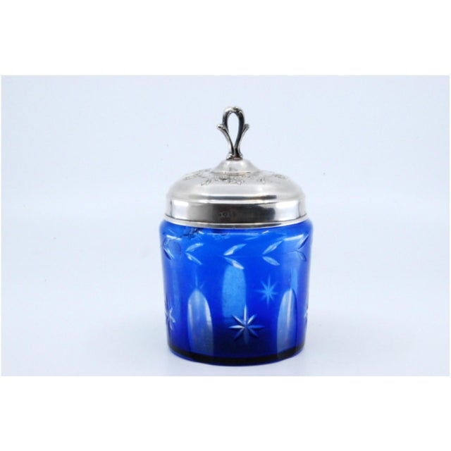 Blue Glass Jam Jar with Engravings and Silver Lid with Floral Motifs For Sale - Image 3 of 9