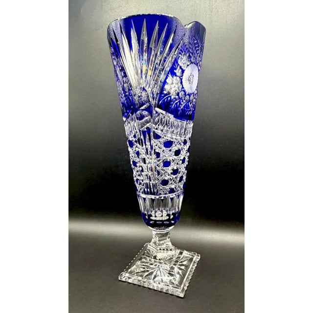 Vintage Crystal Cobalt Blue Overlay Cut Crystal Vase from Meissen, 1960s For Sale - Image 12 of 18