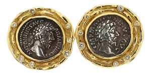Ancient Greek Coin & Round Cut Diamond Bezel Set in 22k Yellow Gold Earrings, A Pair