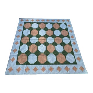 Handmade New Zealand Wool Dhurrie, Sky Blue, Beige and Green Swedish Tile Rug- 6'x9' For Sale