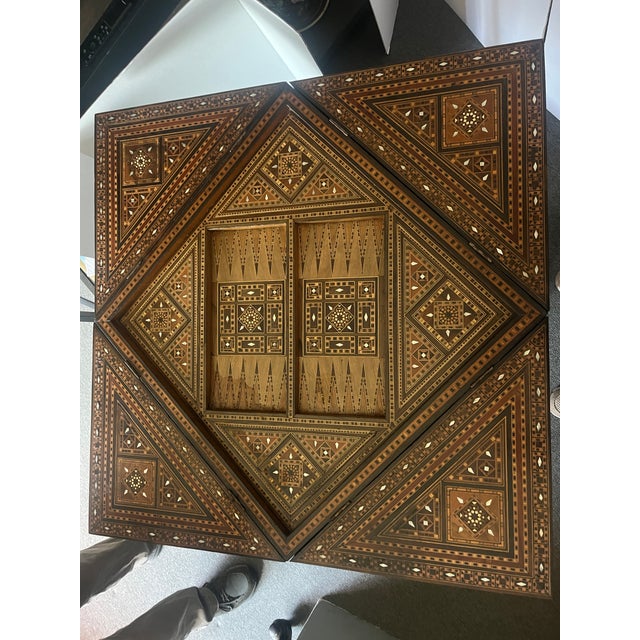 Early 20th Century Hand Crafted Anglo-Indian or Inlaid Syrian Marquetry & Mother of Pearl Game Table Backgammon, Chess, Checkers For Sale - Image 6 of 14