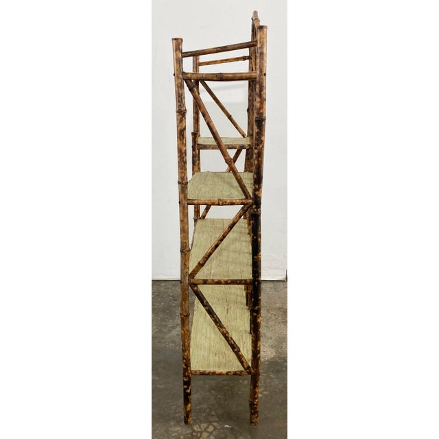 Early 20th Century Vintage Scorched Bamboo Tiered Shelf With Grasscloth Liner For Sale - Image 5 of 8
