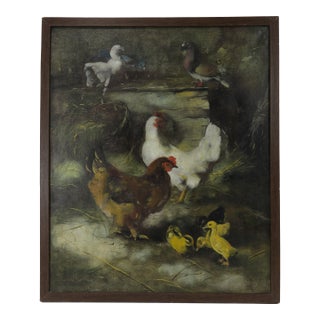 Vintage Farmyard Oil Painting With Chickens and Doves For Sale