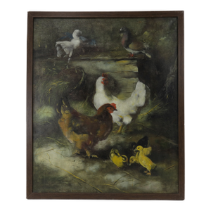 Vintage Farmyard Oil Painting With Chickens and Doves