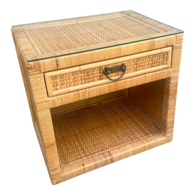 Big Chic Wicker Wrapped Nightstand With Glass Top For Sale