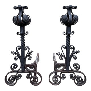 Late 19th Century Arts & Crafts Wrought Iron Pair Andirons Basket Top, Scrollwork, Spiral and Twisted Accents For Sale