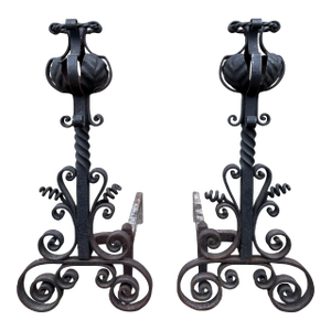 Late 19th Century Arts & Crafts Wrought Iron Pair Andirons Basket Top, Scrollwork, Spiral and Twisted Accents