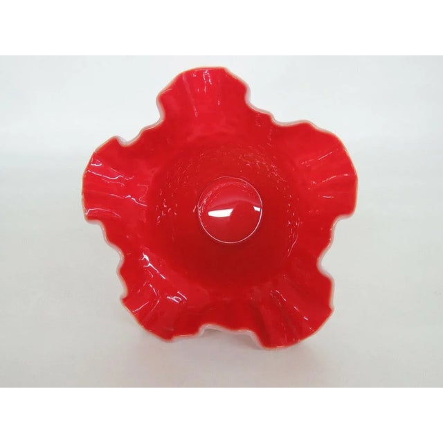 Mid-Century Modern Kanawha Hobnail Style White Milk Glass Red Overlay Crimped Bowl Vase For Sale - Image 3 of 11