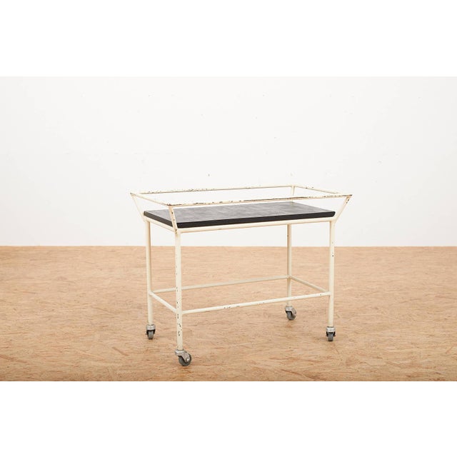 Wood Tea Serving Trolley with White Lacquered Tubular Steel Frame and Black Lacquered Wooden Board For Sale - Image 7 of 10