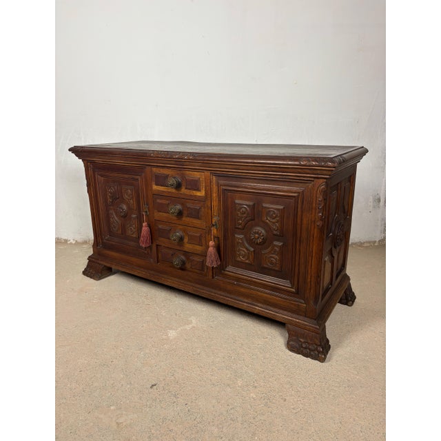 Wood 20th Century Spanish Renaissance Style Oak Low Sideboard For Sale - Image 7 of 13