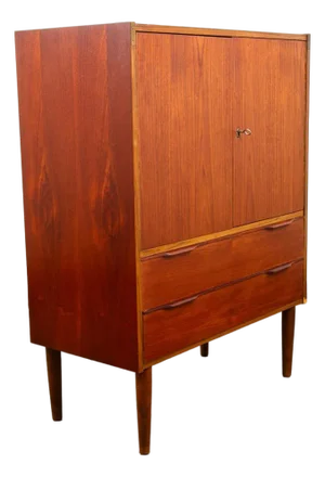 Mid Century Danish Cabinet Highboy Brass Teak Denmark Drawer Sliding Doors Shelf