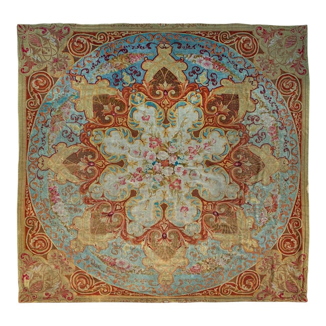 Antique Oversized Aubusson Square Tapestry With Floral Medallion - Rug & Kilim For Sale