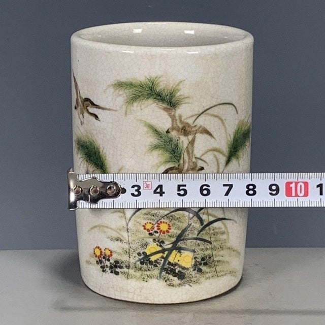 Late 20th Century Crackle Glaze Porcelain Brush Pot With Bird & Floral Motif For Sale - Image 5 of 9