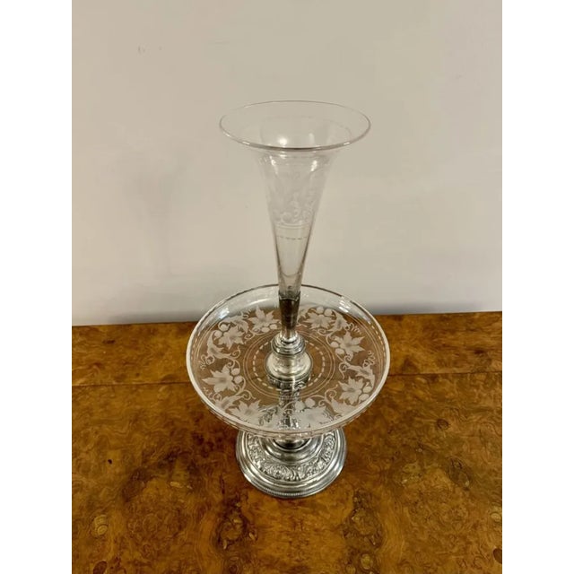 Fine quality antique Victorian silver plated and etched glass épergne by Walker & Hall, having a sunning quality ornate...