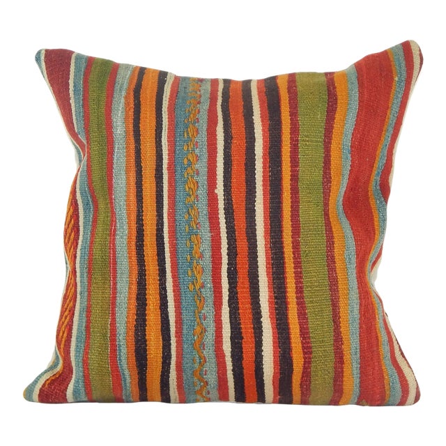 Striped Turkish Organic Wool Kilim Rug Pillow Cover For Sale