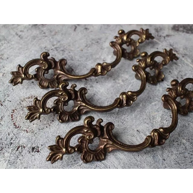 French Provincial Vintage French Provincial Antiqued Brass Ornate Bail Pulls - Sets of 3 For Sale - Image 3 of 7
