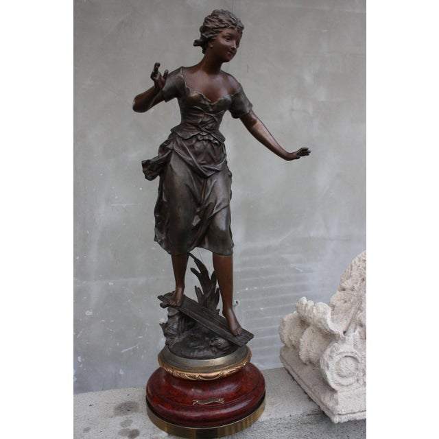 French Girl on Wood Base Statue by Rancoulet For Sale - Image 11 of 11