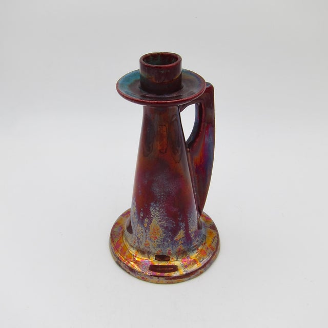 Ceramic Antique Red Metallic Lustre Art Pottery Candle Holder With Gold and Blue Accents For Sale - Image 7 of 12