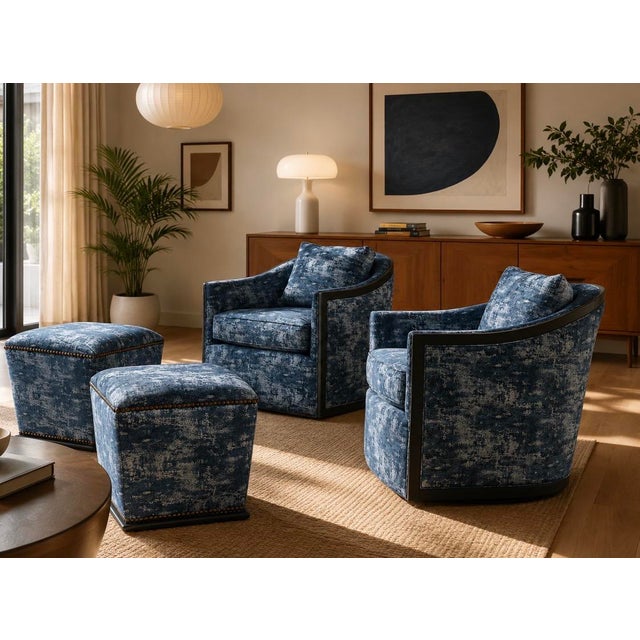 Pair Sam Moore/Hooker Furniture Swivel 360* base lounge chairs with matching ottomans. Upholstered in original blue fabric...
