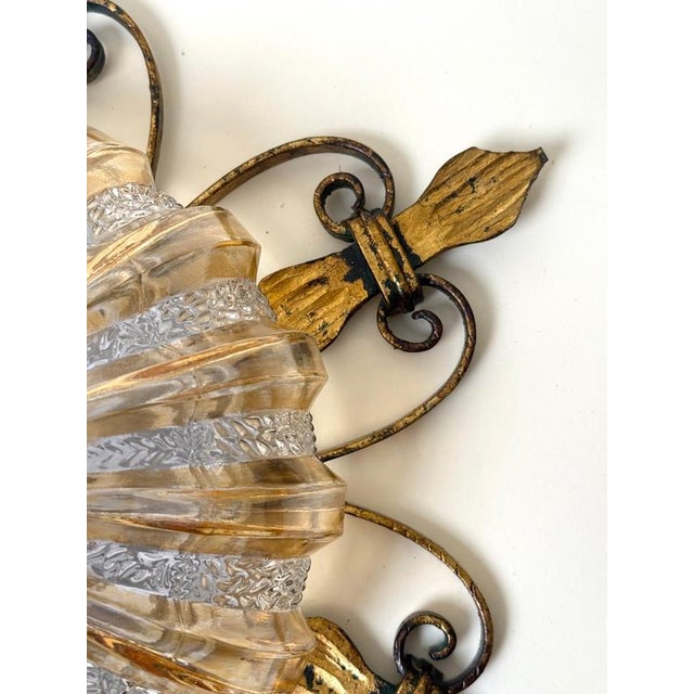 German Gilt Wrought Iron and Textured Glass Flush Mount, 1970s For Sale - Image 9 of 13