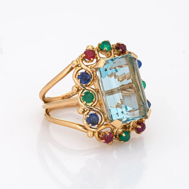 Modern 16.50ct Aquamarine Gemstone Ring Vintage 14k Yellow Gold Cocktail Jewelry size 7.5 For Sale - Image 3 of 6