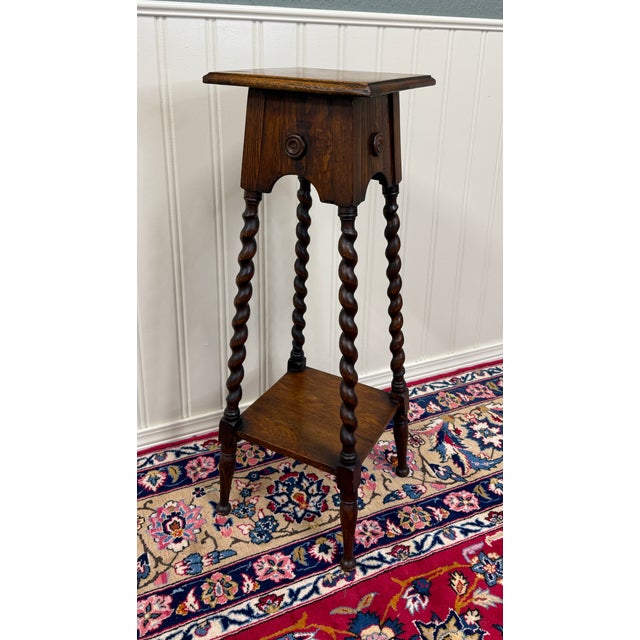 Antique English 4-Post Barley Twist Pedestal Plant Stand Jacobean Oak 36" Tall For Sale - Image 15 of 18
