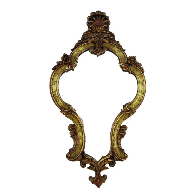 Wood Antique Venetian Rococo Gilt Wall Mirror With Olive Green Highlights, Grotto Style, Italy For Sale - Image 7 of 8