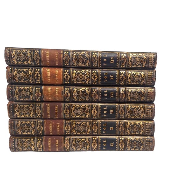 English 6 Antique Volumes Chamber's Journals Leather Spines Edinburgh Scotland 1840s History Fiction Poetry For Sale - Image 3 of 16