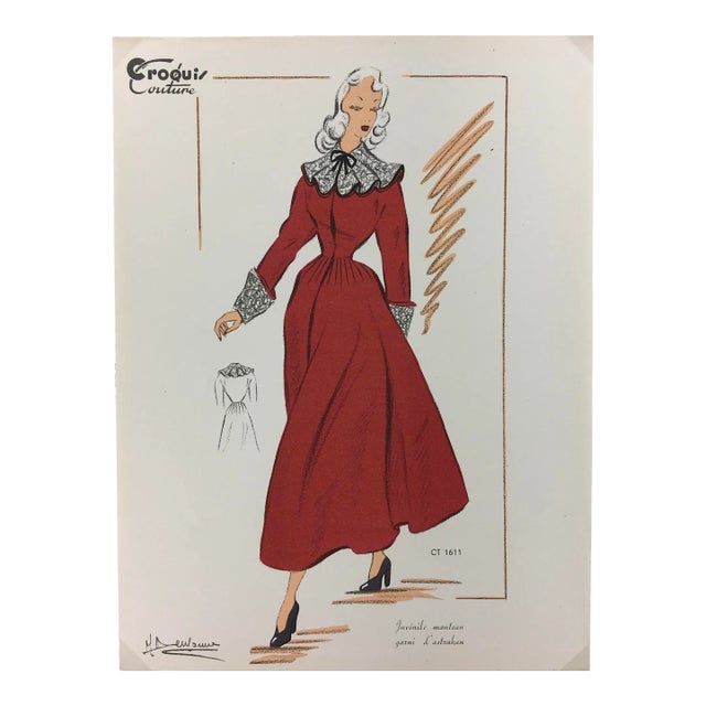 1940s French Fashion Sketch of Red Astrakhan Trim Coat For Sale