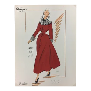1940s French Fashion Sketch of Red Astrakhan Trim Coat