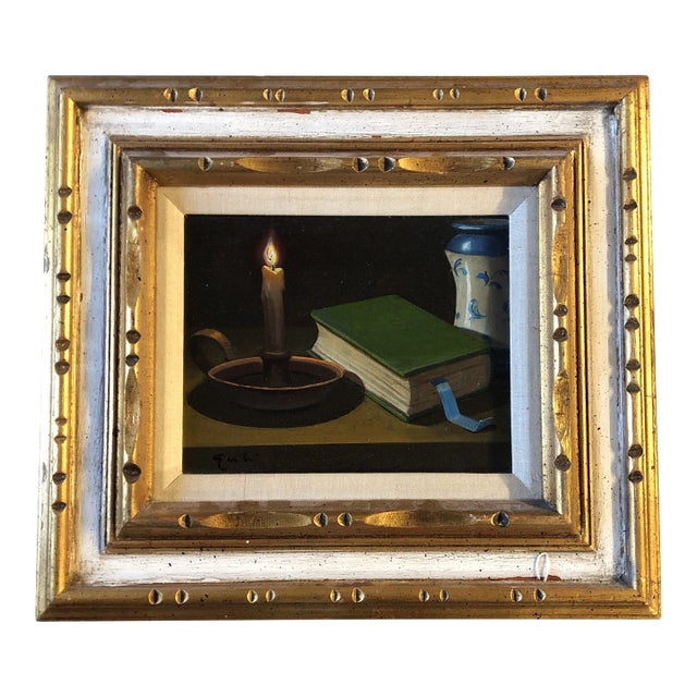1960’s Vintage Still Life Painting With Book & Candlestick Ornate Frame Signed For Sale