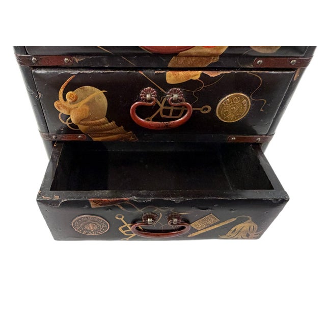 Antique 1895 Meiji Period Japanese Miniature Black Lacquer Tansu Chest Jewelry Box For Sale - Image 10 of 11