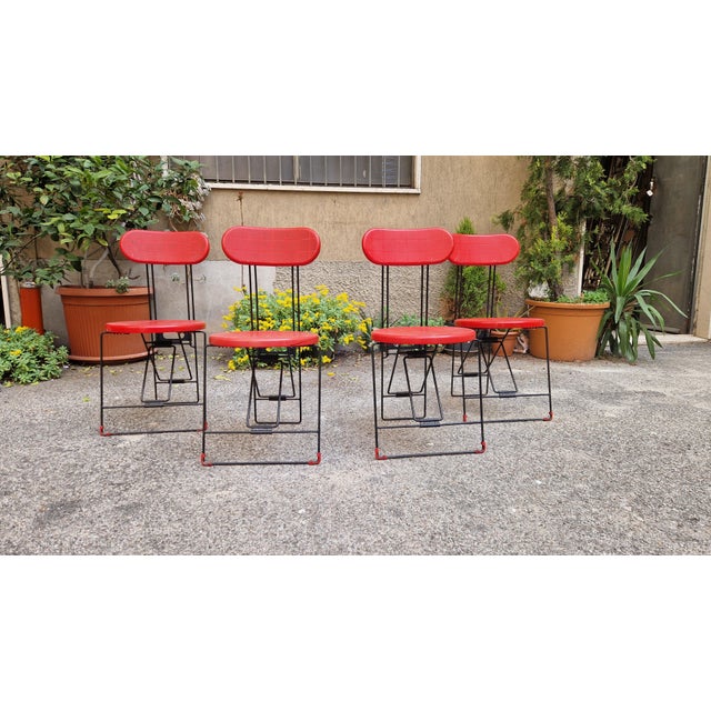 1970s Cricket Folding Chairs in Black Metal and Red Plastic by Andries Van Onck for Magis, 1970s, Set of 4 For Sale - Image 5 of 11