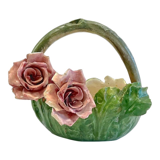 Antique French Majolica Floral Basket Vase For Sale