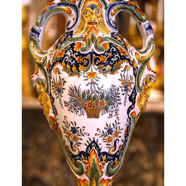 Pair of Early 20th Century French Hand Painted Faience Vases From Rouen For Sale - Image 4 of 8