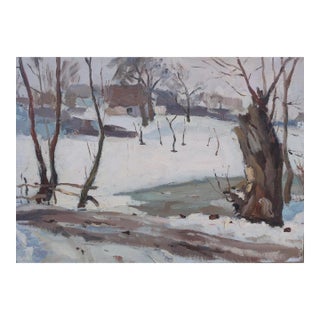 Vintage Winter Landscape Painting, Ukrainian Art, 1970s 35-50 For Sale