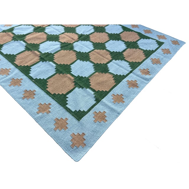 Casa Cosima Handmade New Zealand Wool Dhurrie, Sky Blue, Beige and Green Swedish Tile Rug- 78"x88" For Sale - Image 4 of 13