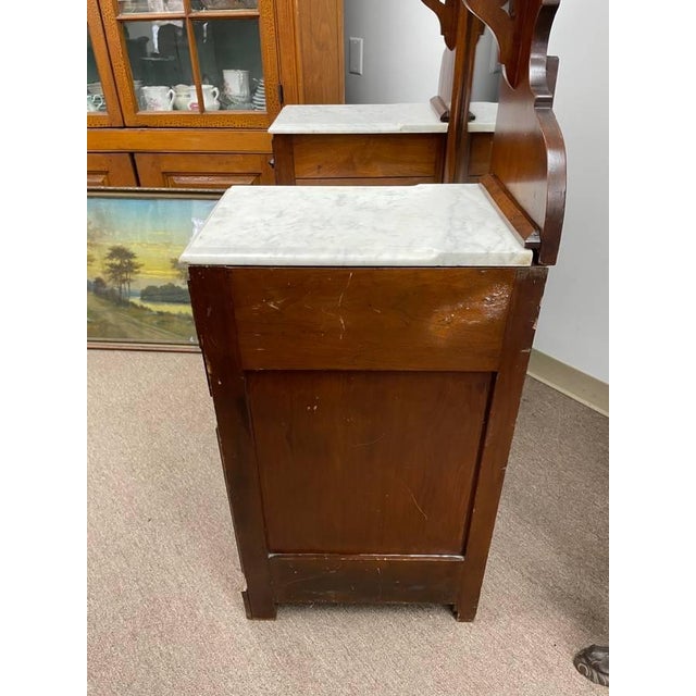Early 1900's Antique Mirrored Vanity Dresser, Handcarved Walnut, Marble Topped For Sale - Image 4 of 10
