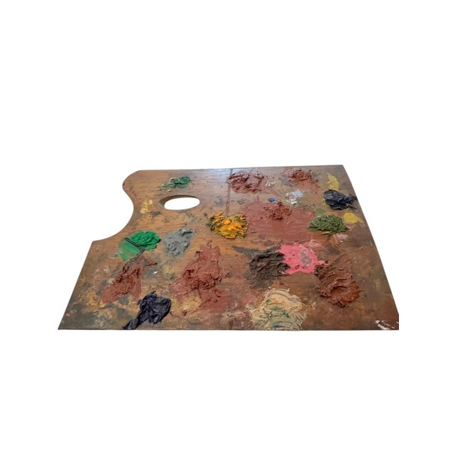 Antique French wood planter’s palettes covered in bright pant. Large areas of green, orange brown and pink. Sourced in...