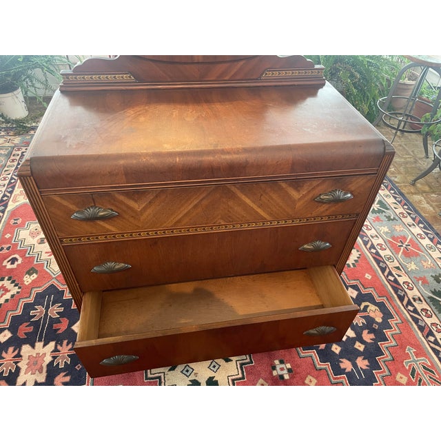 Wood Art Deco Waterfall Vanity - 3 Drawer Dresser - Walnut Inlays - Original Etched Mirror, c.1935 For Sale - Image 7 of 9