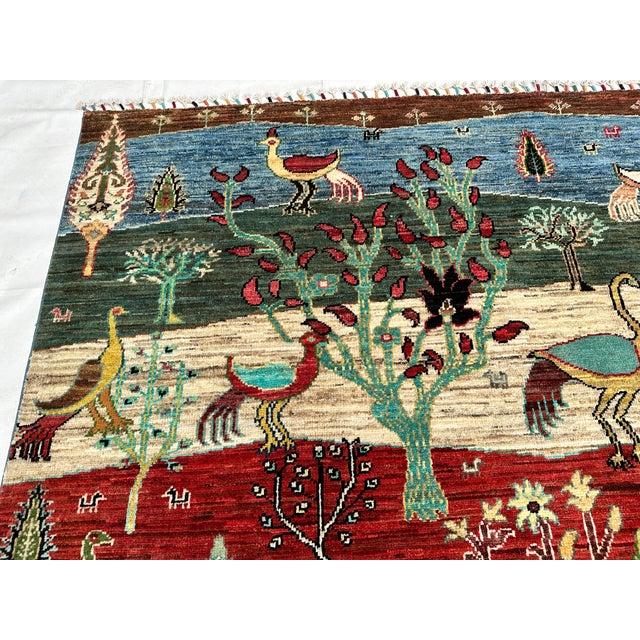 Multicolor Afghan Pictorial Bird & Tree Hand-Knotted Wool Rug - 9'7" X 6'9" For Sale - Image 9 of 15