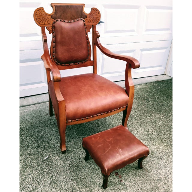 Rare Antique Victorian Carved Oak & Leather Throne Armchair With Matching Ottoman For Sale - Image 9 of 12