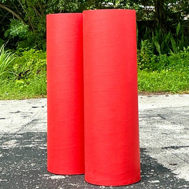 Elevate your space with the natural elegance of this pair of Vintage Boho Grasscloth Cylinder Pedestals. Wrapped in...