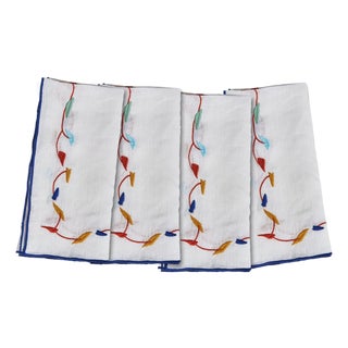 Misette Mobile Embroidered Linen Napkins in Multicolor, Set of 4 For Sale