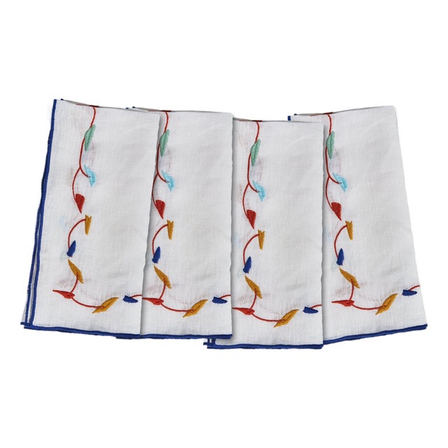 Misette Mobile Embroidered Linen Napkins in Multicolor, Set of 4 For Sale