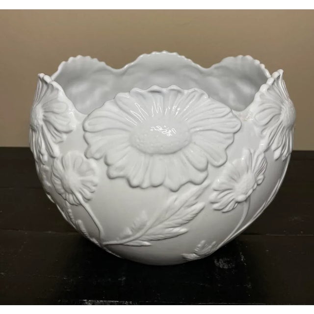 White Ceramic Petal Edge Raised Floral Large Bowl Cachepot Made in Portugal. Raised florals around entire perimeter of...